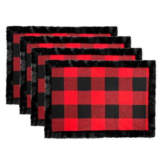 Unique Christmas Buffalo Plaid Red and Black with Faux Fur Border Design Placemat (Black Fur Placemat 13"x19" Set of 4)