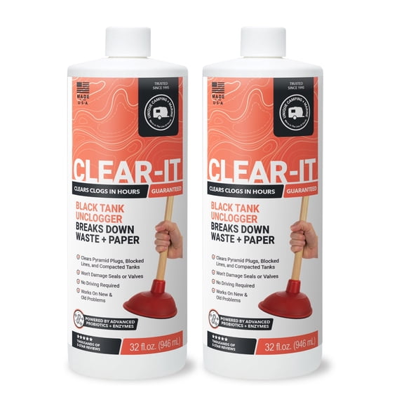 Unique Clear-It RV Black Tank Unclogger Liquid Cleaner (32 oz, Pack of 2) Packaging May Vary