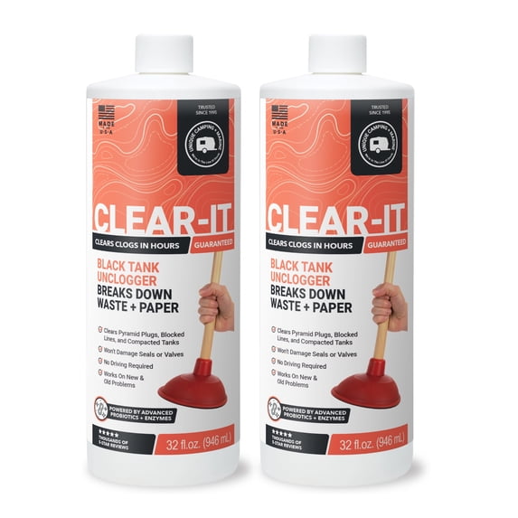 Unique Clear-It RV Black Tank Unclogger Liquid Cleaner (32 oz, Pack of 2) Packaging May Vary