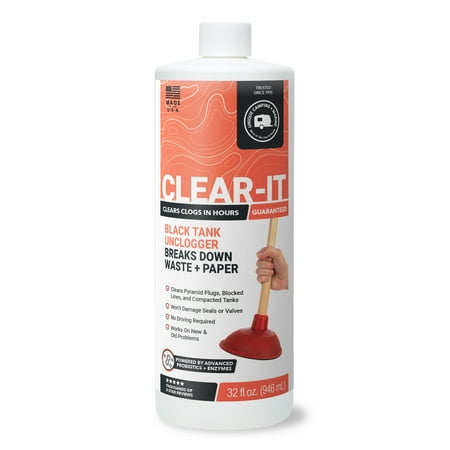 Unique Clear-It RV Toilet & Black Tank Unclogger Liquid, Breaks Through Pyramid Plugs & Clogged Pipes, RV Tank Cleaner, 32 oz