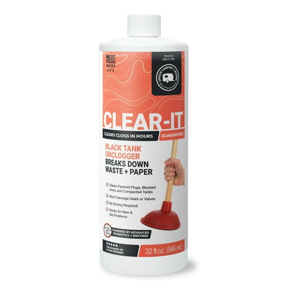 Unique Clear-It RV Black Tank Unclogger Liquid, Clears Toilet Clogs with Less Effort than RV Black Tank Cleaner Wand (32 oz) Packaging May Vary