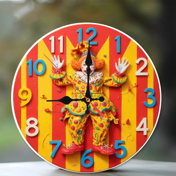 Unique Clown Clock Wall Art Resin Handmade Decor 10-Inch Silent Wooden Wall Clock, Battery Operated (AA Batteries Not Included), Artistic Home Decor