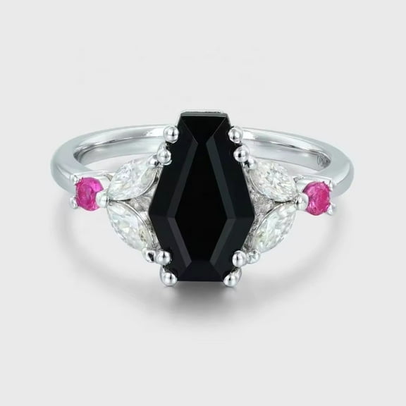 Unique Coffin Cut Lab-Created Black Onyx & Diamond, Ruby Engagement Ring in 925 Sterling Silver – Distinctive Wedding Ring, Perfect Bride Gift Fine Jewelry
