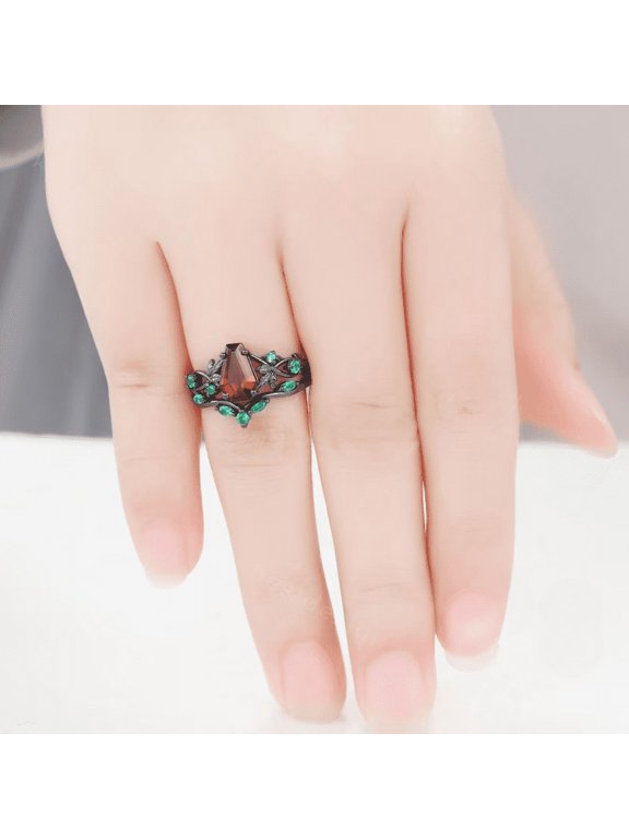Unique Coffin Cut Red Garnet Wedding Ring- 14K Black Gold Vermeil- Art Deco Branch Design Leaf Emerald Promise Ring