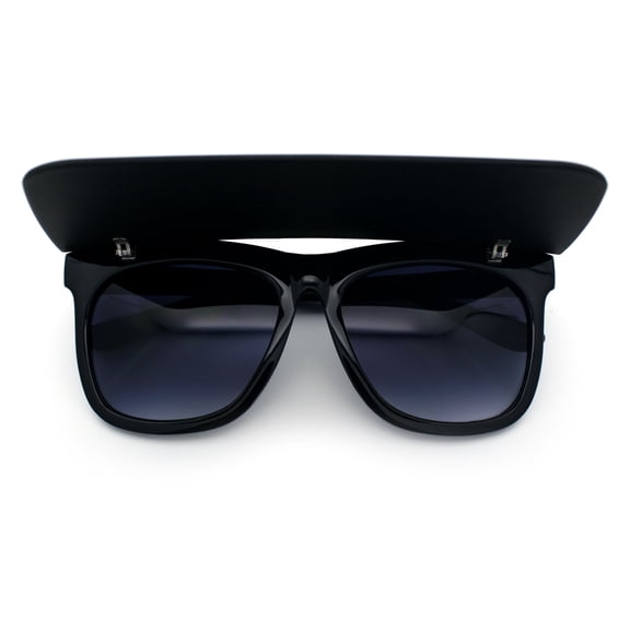 Unique Collapsible Sun Visor Horn Rim Hipster Plastic Sunglasses All Black - Smoke