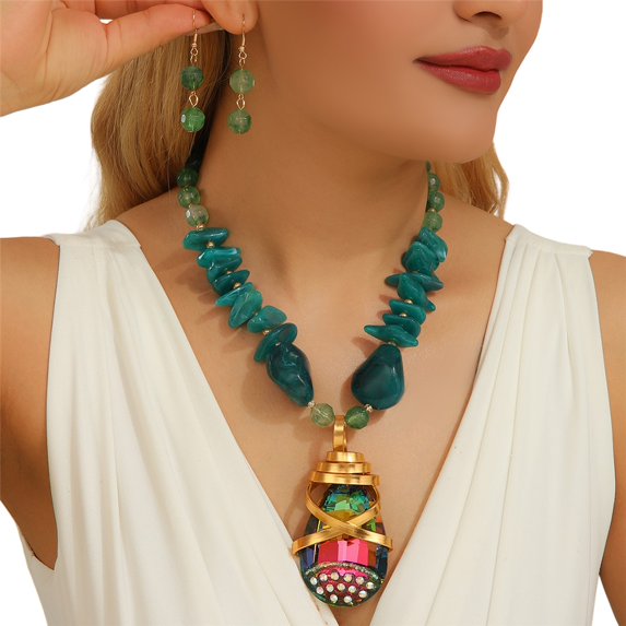 Unique Colorful Big Rhinestone Crystal Pendent Collar Choker Fashion Necklace Earrring Set