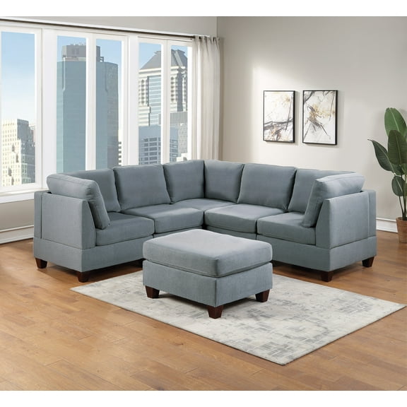 Unique Corner Wedge Ottoman Chairs Modern Polyfiber Gray L-Shaped Sectional 6pcs Set Living Room Furniture set