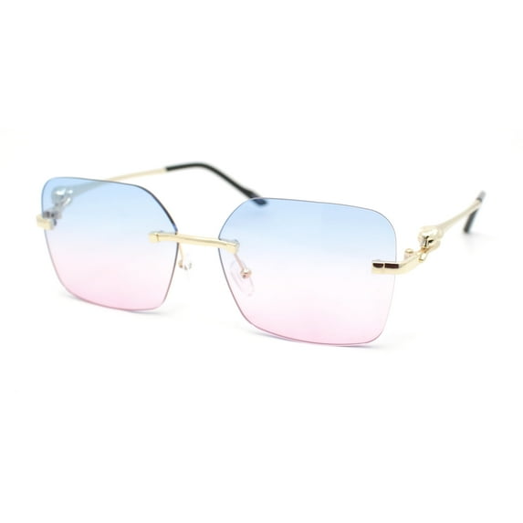 Unique Cougar Jewel Hinge Rimless Rectangle Pimp Sunglasses Gold - Blue Pink