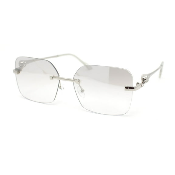 Unique Cougar Jewel Hinge Rimless Rectangle Pimp Sunglasses Silver - Grey Clear