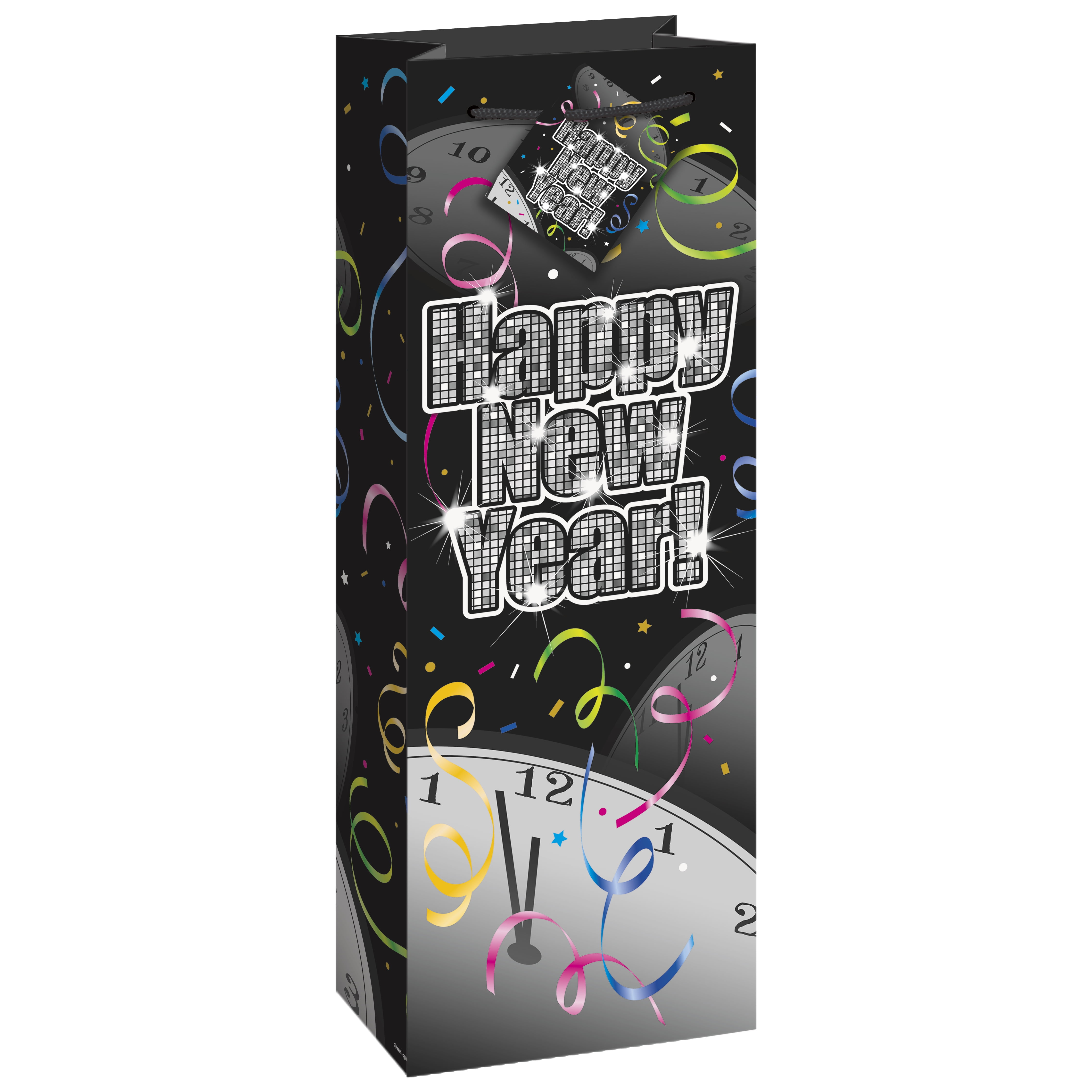 Unique Countdown To New Year's Wine 14.25"x4.75" Gift Bag, Black Gold