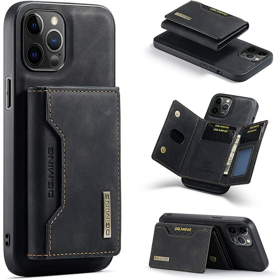 Unique Creative Multi-Function Magnetic Detachable Wallet Stand PU Phone case for iPhone 14 13 12 11 8 7 X XS XR Plus Pro Max Mini SE Bumper Skin-Friendly Retro Back Cover(Black,12)