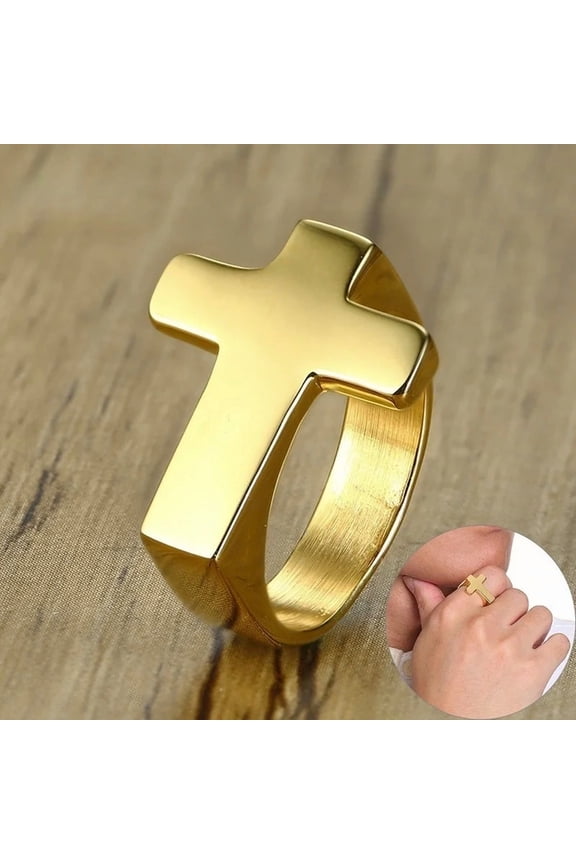 Unique Cross Flat Top Ring For Men Glossy 14K Yellow Gold Christ Jesus Prayer Faith Anel Fraternal Rings