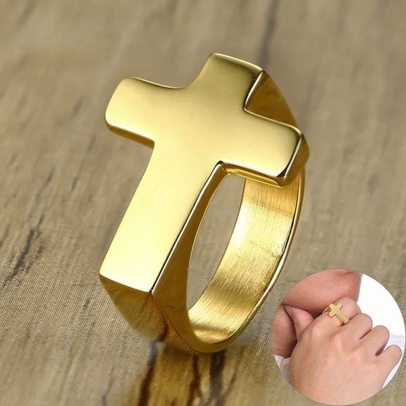 Unique Cross Flat Top Ring For Men Glossy 14K Yellow Gold Christ Jesus Prayer Faith Anel Fraternal Rings