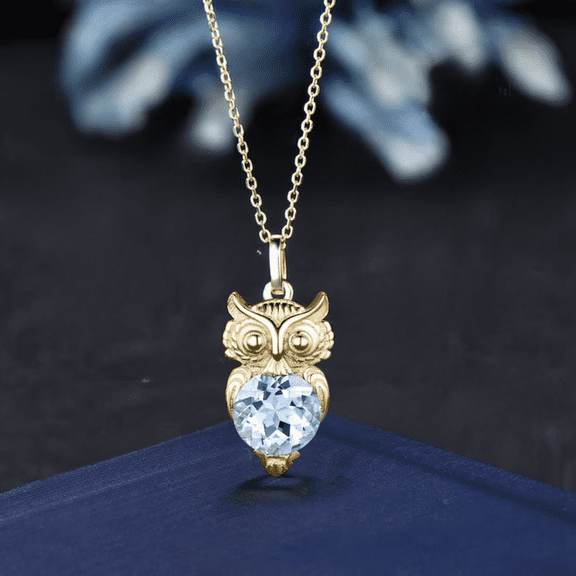 Unique Cute Owl Aquamarine Wedding Necklace in 925 Sterling Silver - March Birthstone Gift - Animal Gemstone Jewelry