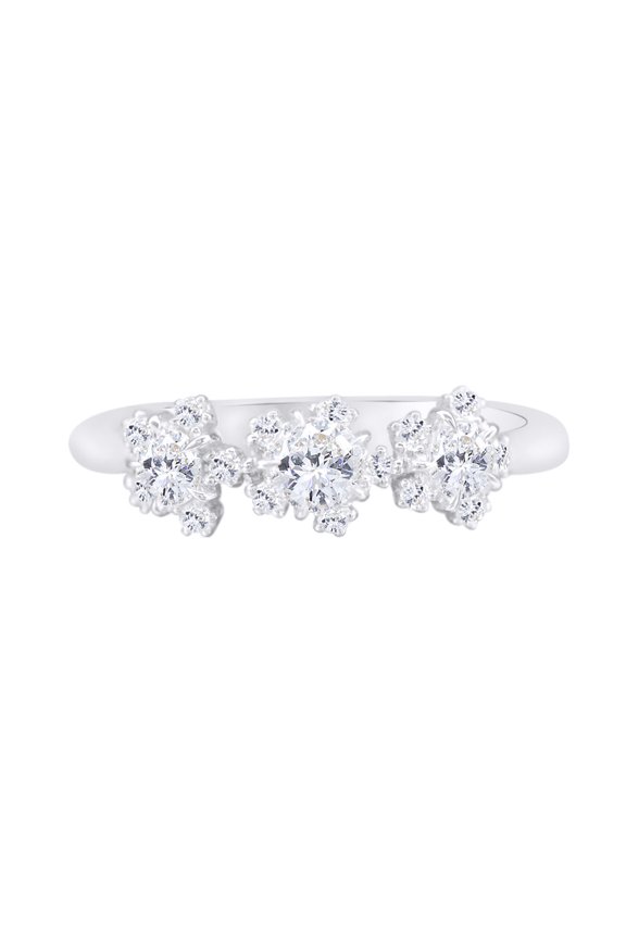 Unique Dainty Rose-Shape Three Stone White Diamond Cosmos Ring in 14k Solid White Gold (0.55 Cttw, I2-I3, G-H)
