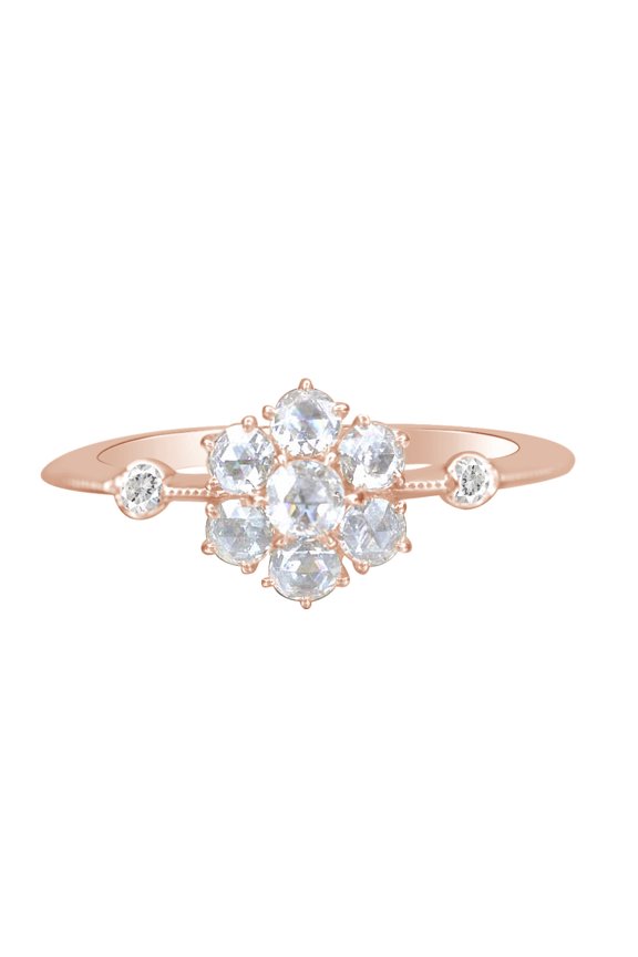 Unique Dainty Rose-Shape White Diamond Sunflower Cluster Ring in 14k Solid Rose Gold (1/2 Cttw, I2-I3, G-H)