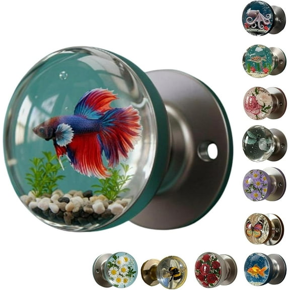 Unique Decorative Door Handle, Retro Round Resin Epoxy Flower Door Knob Retro, Floral & Animal Designs, Artistic Unique Knob for Modern/Classic Bedrooms, Nature-Themed Home Decor (butterfiy carp)