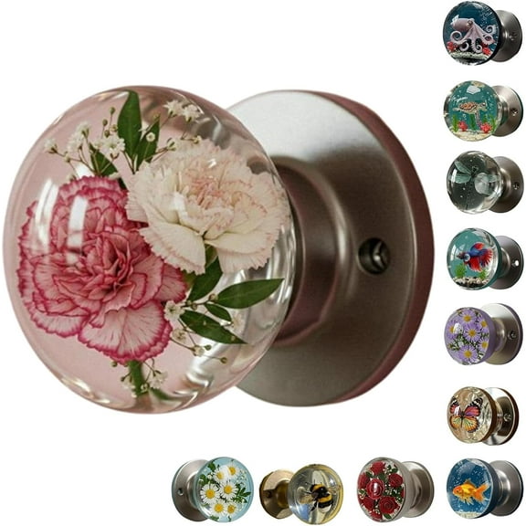 Unique Decorative Door Handle, Retro Round Resin Epoxy Flower Door Knob Retro, Floral & Animal Designs, Artistic Unique Knob for Modern/Classic Bedrooms, Nature-Themed Home Decor (Carnation)