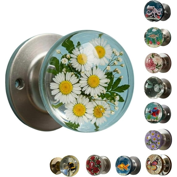 Unique Decorative Door Handle, Retro Round Resin Epoxy Flower Door Knob Retro, Floral & Animal Designs, Artistic Unique Knob for Modern/Classic Bedrooms, Nature-Themed Home Decor (Daisy)