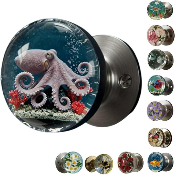 Unique Decorative Door Handle, Retro Round Resin Epoxy Flower Door Knob Retro, Floral & Animal Designs, Artistic Unique Knob for Modern/Classic Bedrooms, Nature-Themed Home Decor (Octopus)