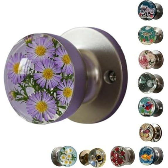 Unique Decorative Door Handle, Retro Round Resin Epoxy Flower Door Knob Retro, Floral & Animal Designs, Artistic Unique Knob for Modern/Classic Bedrooms, Nature-Themed Home Decor (Lavender)