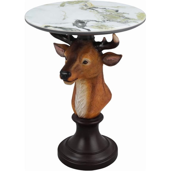 Unique Deer Head Side Table, 25" Art Deco Animal Decor End Table with Faux Marble Top, Sculptural Pedestal Accent Table for Living Room Bedroom Entryway Home Office (Brown Deer Head)