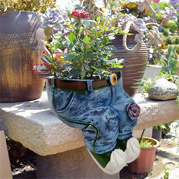 Unique Denim Pants Flower Pot Decoration Resin Retro Jeans Shape Garden Figurines Planter Containers Ornaments for Home Lawn Yard Courtyard Denim Clothes Flower Vases Decor (A)