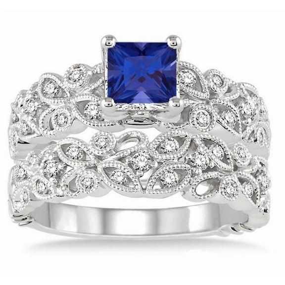 Unique Design 2.25 Carat Square Shape Blue Sapphire And Moissanite Diamond Wedding Ring Infinity Floral Antique Bridal Set On 10K White Gold
