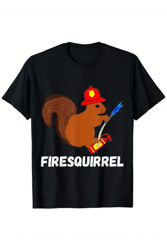 [Unique Design] Firefighter Squirrel Graphic T-Shirt - Funny Fireman-Themed Design with Humorous "FIRE SQURLR" Print, 100% Cotton, Casual Short-Sleeve Tee for Men & Women