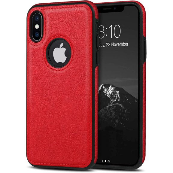 Unique Design Luxury Leather Business Phone Case for iPhone X & iPhone Xs Anti-Slip Scratch Resistant Ultra Slim Protective Case (2018,5.8”) (Red)