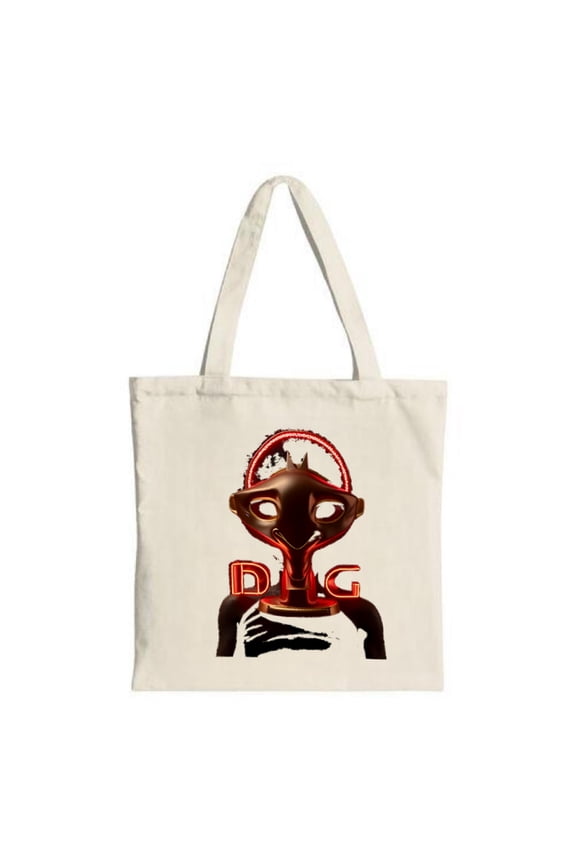 Unique Design Tote Bag - Features a metallic figure with large eyes and bold lettering perfect for shopping and travel