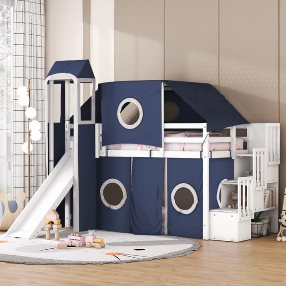 Unique Design Twin Size Loft Bed with Tower - Blue