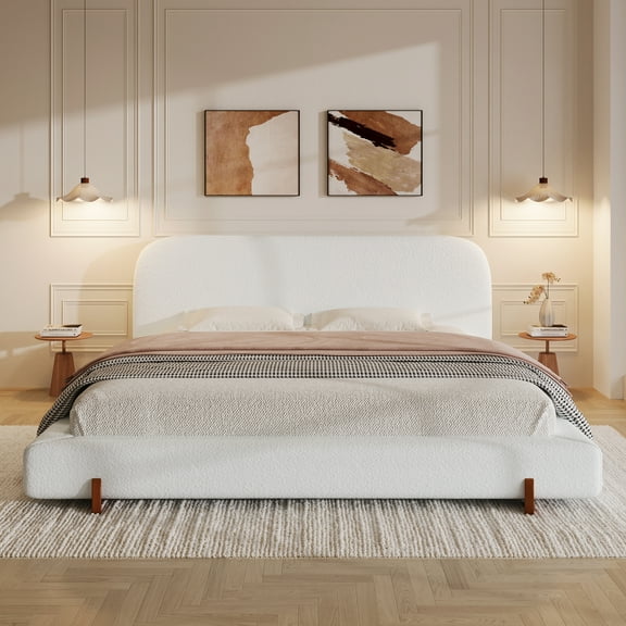 Unique Design, White Fabric and Solid Wood Legs Upholstered Bed Frame,California King