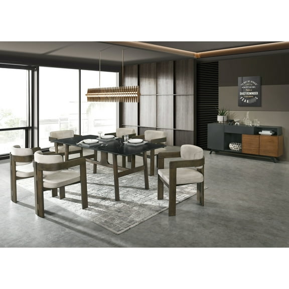 Unique Dining Table - Tempered Glass Top, Ceramic, Walnut Finish Legs Exceptional And Functional Sintered Stone Leg