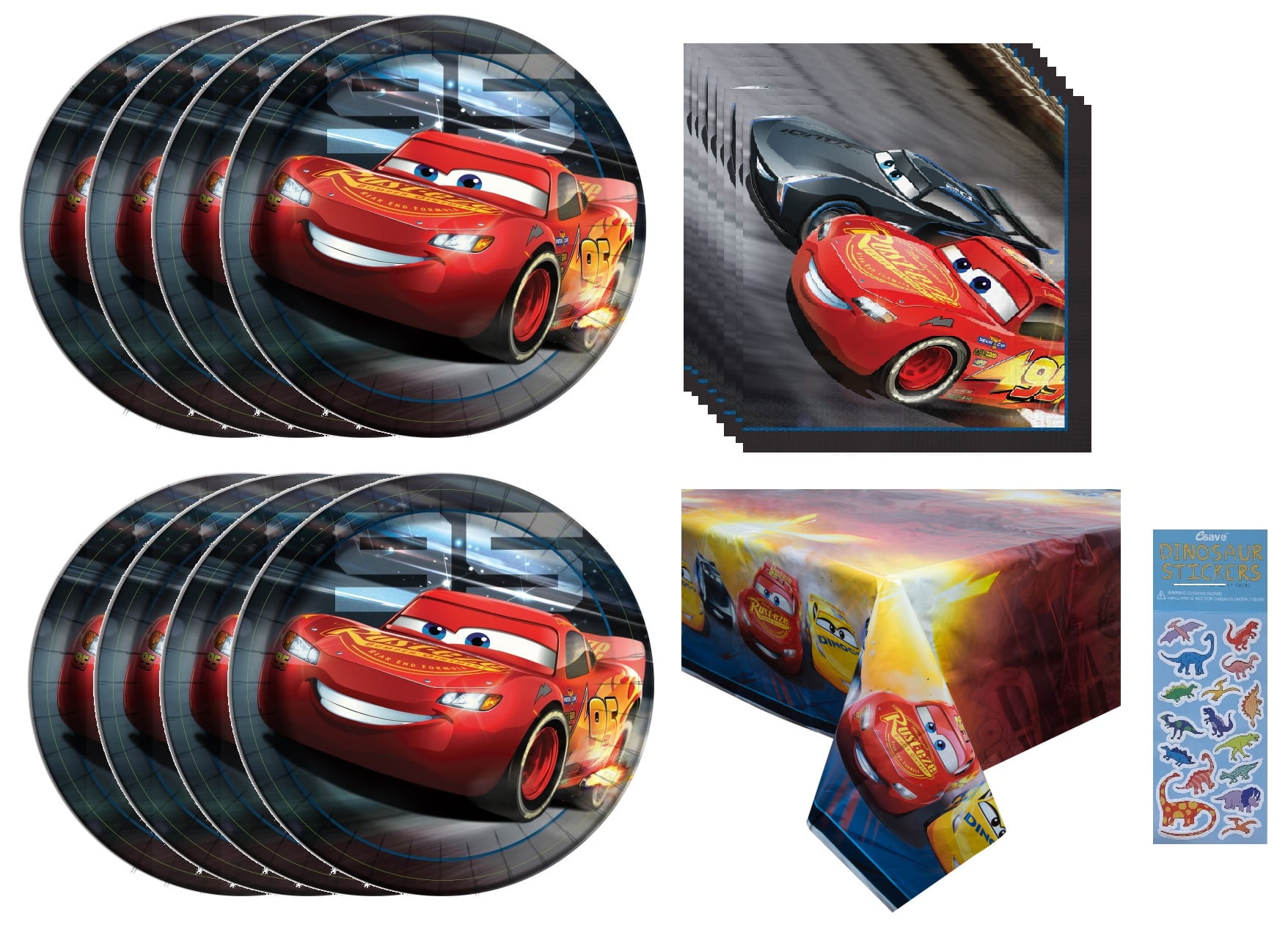 Disney Cars Party Supplies: 16 Plates, Napkins, Table Cover, Dinosaur ...
