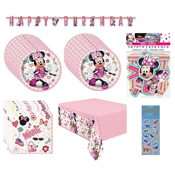 Unique Disney Minnie Mouse Birthday Party Supplies, 16 Dessert Plates, 16 Napkins, 1 Table Cover