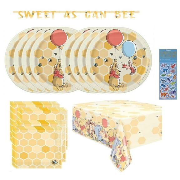 Unique Disposable Paper Plates Napkins Table Cover Banner Sticker Winnie the Pooh Party Supply Set