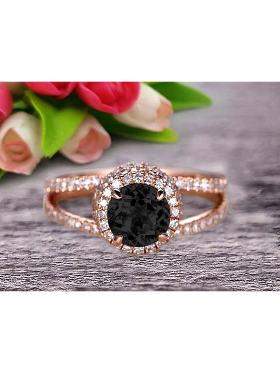 Unique Double Halo Design Round Cut 2 Carat Black Diamond Moissanite Engagement Ring Promise Ring for Bride Aniversary Ring On 10k Rose Gold Custom Made Glaring Jewelry