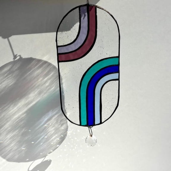 Unique Double Rainbow Glass Suncatcher Panel, Unique Home Art Decor, Window Hanging Handmade, 8 "W x 6 "H, Art Suncatcher for Window Bedroom Living Room