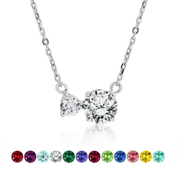 JeenMata April Birthstone Pendant Two Stones Necklace - in White Gold Plating Over Silver