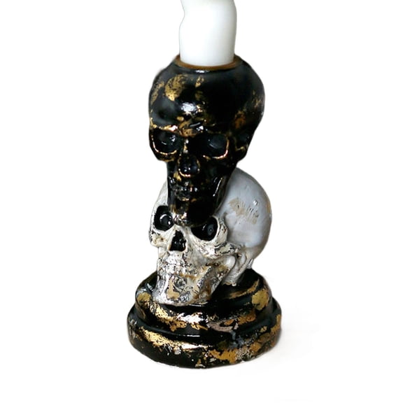 Unique Double Tone Stacked Skull Shape Candlestick Resins Pillar Holders For Halloween Centerpieces Decoration