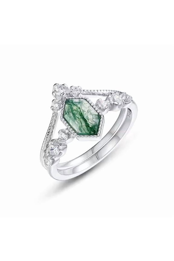 Unique Elongated Hexagon Cut Lab-Created Moss Agate & Diamond Milgrain Engagement Wedding Band Ring Set in 925 Sterling Silver – Elegant Stacked Rings for Her, Timeless Jewelry Gift