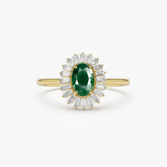 Unique Emerald Ring, 14k Gold Plated 925 Sterling Silver Oval Emerald and Baguette Diamond Ring, Baguette Diamond Halo Emerald ring, Oval Shaped Birthstone Engagement ring