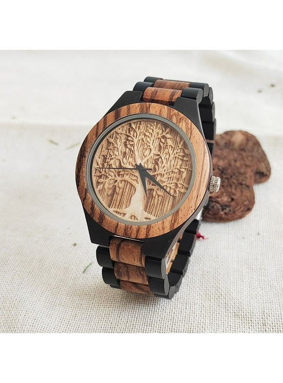 Unique Engraved Wooden Watch for Men - Quartz Movement, Round Dial, Wooden Strap, Casual Style, Exquisite Wood Construction, Elegant Timepiece for Mens