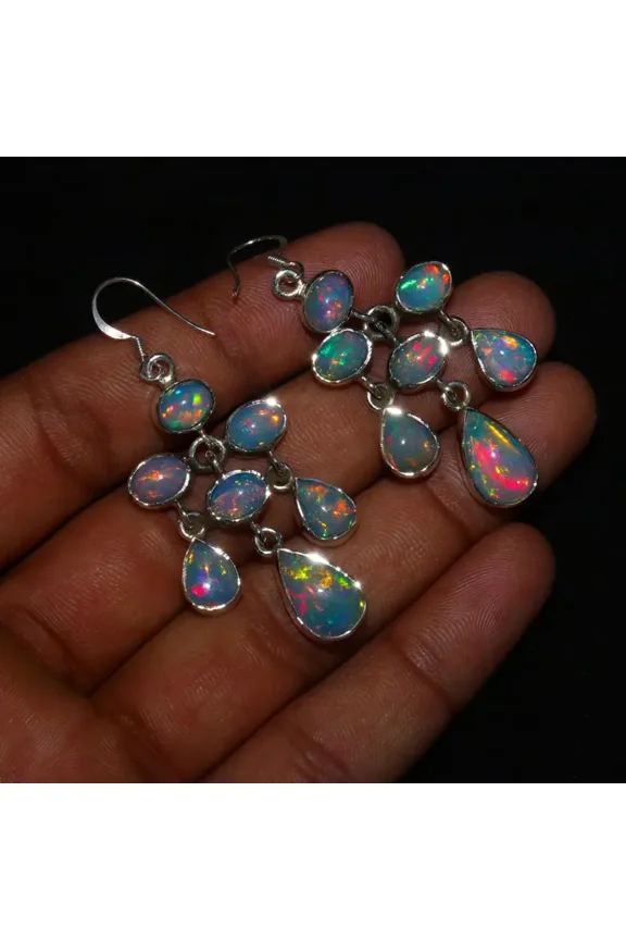 Unique Ethiopian fire Opal Cabochon Earrings with 925 sterling silver - Opal Cabochon Earrings - White Opal earrings - smooth Opal Jewelry