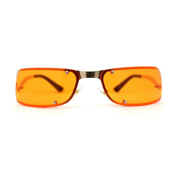 Unique Euro 90s Off Set Rimless Narrow Rectangle Sunglasses Gold Orange