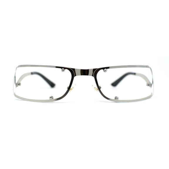 Unique Euro 90s Off Set Rimless Narrow Rectangle Sunglasses Silver Clear