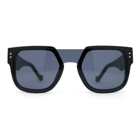 Unique Exposed Shield Lens Bridge Retro Horn Rim Sunglasses All Black