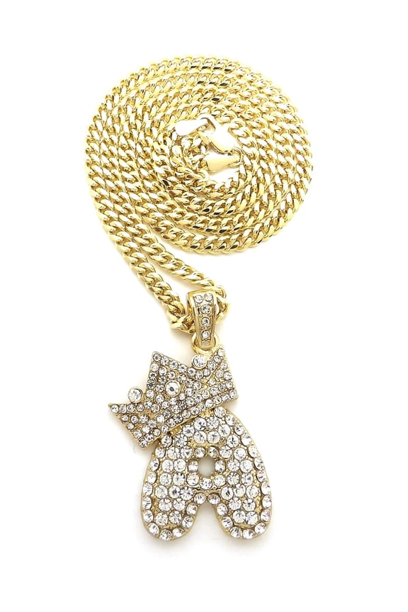 Hip Hop Iced Out Crown Bubble Initial Letter A Pendant 3mm 24" Cuban Chain Necklace