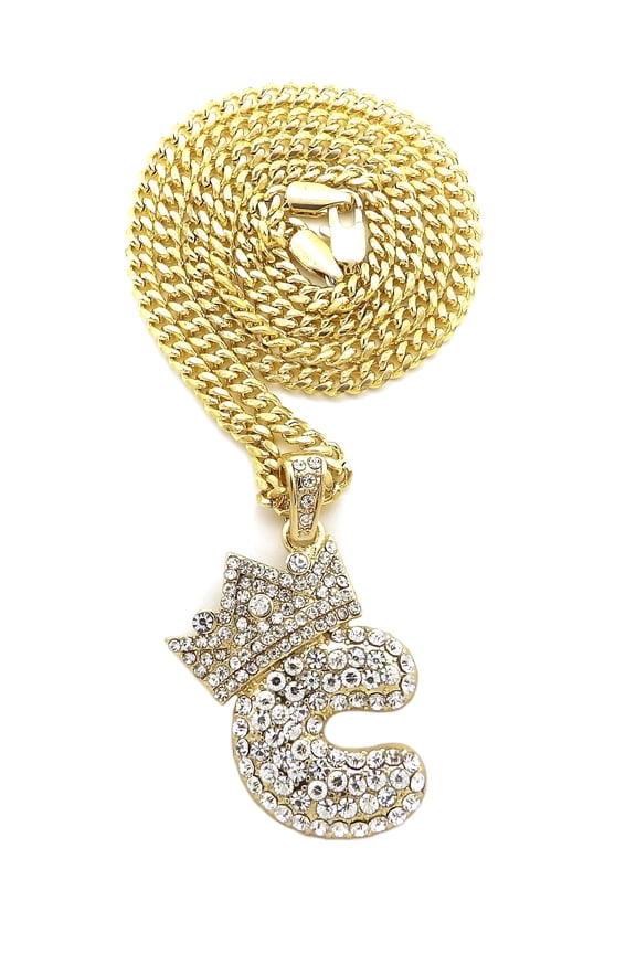 Hip Hop Stone Filled Crown Bubble Initial Letter C Pendant 3mm 24" Cuban Chain Necklace